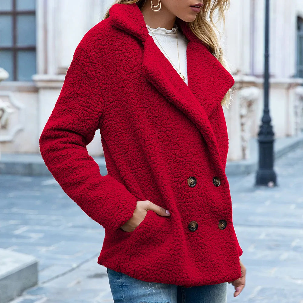 Women's loose lapel fluffy polyester winter button coat in a range of colours on a size chart background.