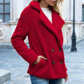Women's loose lapel fluffy polyester winter button coat in a range of colours on a size chart background.