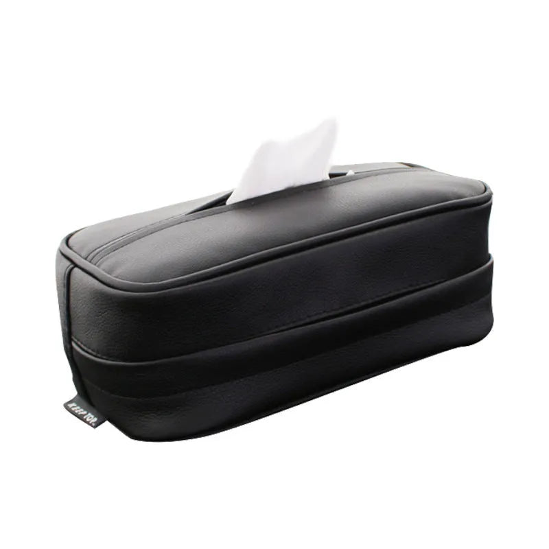 Black PU hanging leather box measuring 23x13x9cm with hanging loop for car storage
