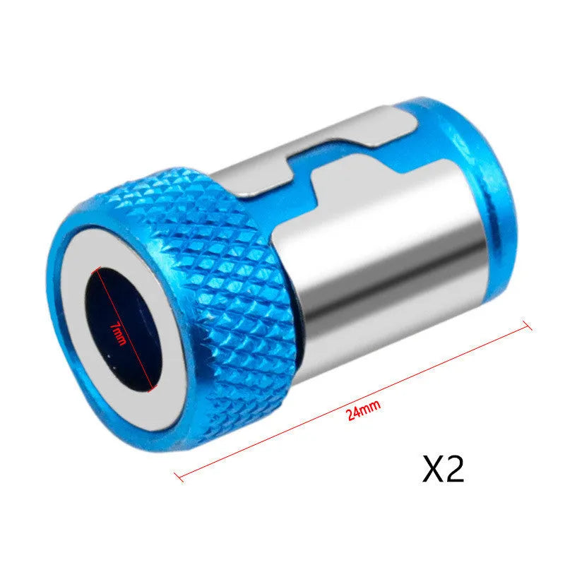 Light blue magnetic screwdriver bit with slotted head and hex shank for tool attachment