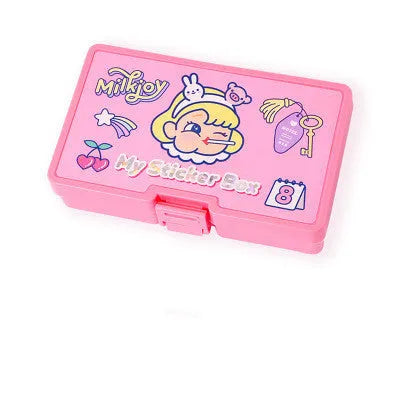 Set of 16 square Korean-style cute cartoon PVC stickers inside a transparent storage box.