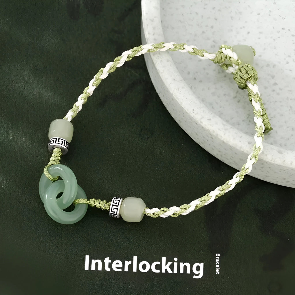 Green jade double ring strap bracelet with peace buckle and animal zodiac design in electroplated copper