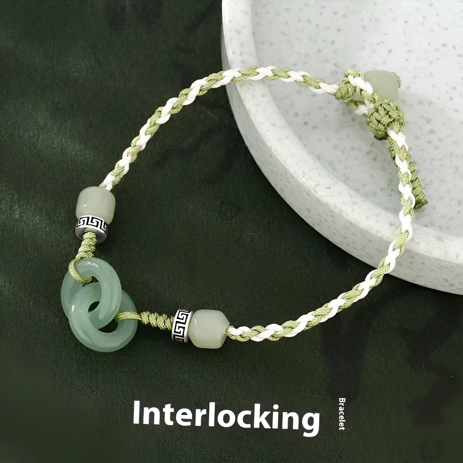 Green jade double ring strap bracelet with peace buckle and animal zodiac design in electroplated copper