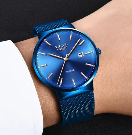 Men's stainless steel watch with 40mm case, available in black, blue, and black-blue colour options
