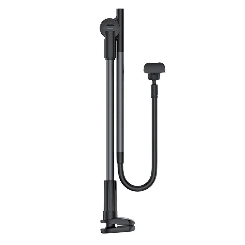 Lazy phone holder in aluminium alloy and plastic with 64-90mm clamp and 90mm base clip for table or bed head