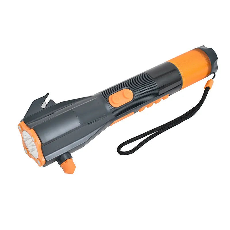 Car safety hammer with window breaker, seat belt cutter, LED light, hand crank, USB charging, gray orange, 27.5 x 9.5 x 5.8 cm