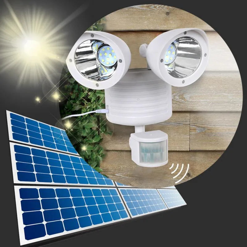 Black and white dual head solar motion sensor spotlight for outdoor security lighting
