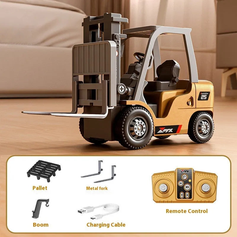 1:64 scale mini alloy forklift remote control car with cargo accessories on a table