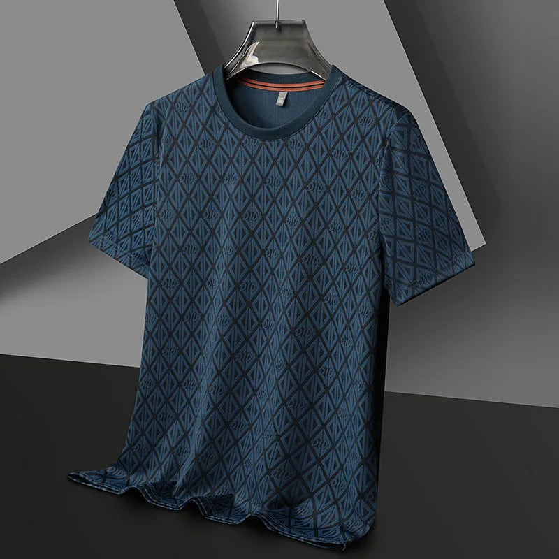Men's round neck loose-fit jacquard short sleeve shirt in ice silk fabric