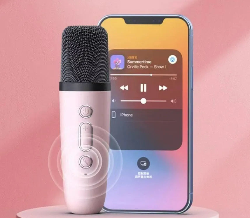 Portable Bluetooth karaoke microphone with coloured LED lights in pink, sky blue, or white, showing single or double wheat options