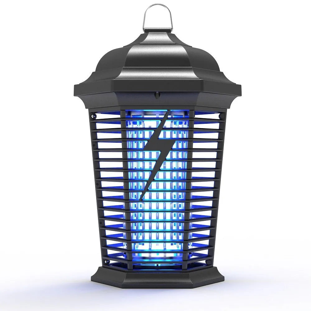 Black outdoor electric mosquito killer lamp with UV light and protective grid.