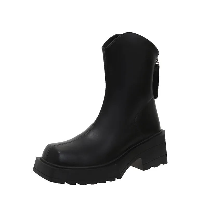 Black platform Martin boots for women with square toe, 6-8cm heel, and back zipper on a mid-calf shaft.