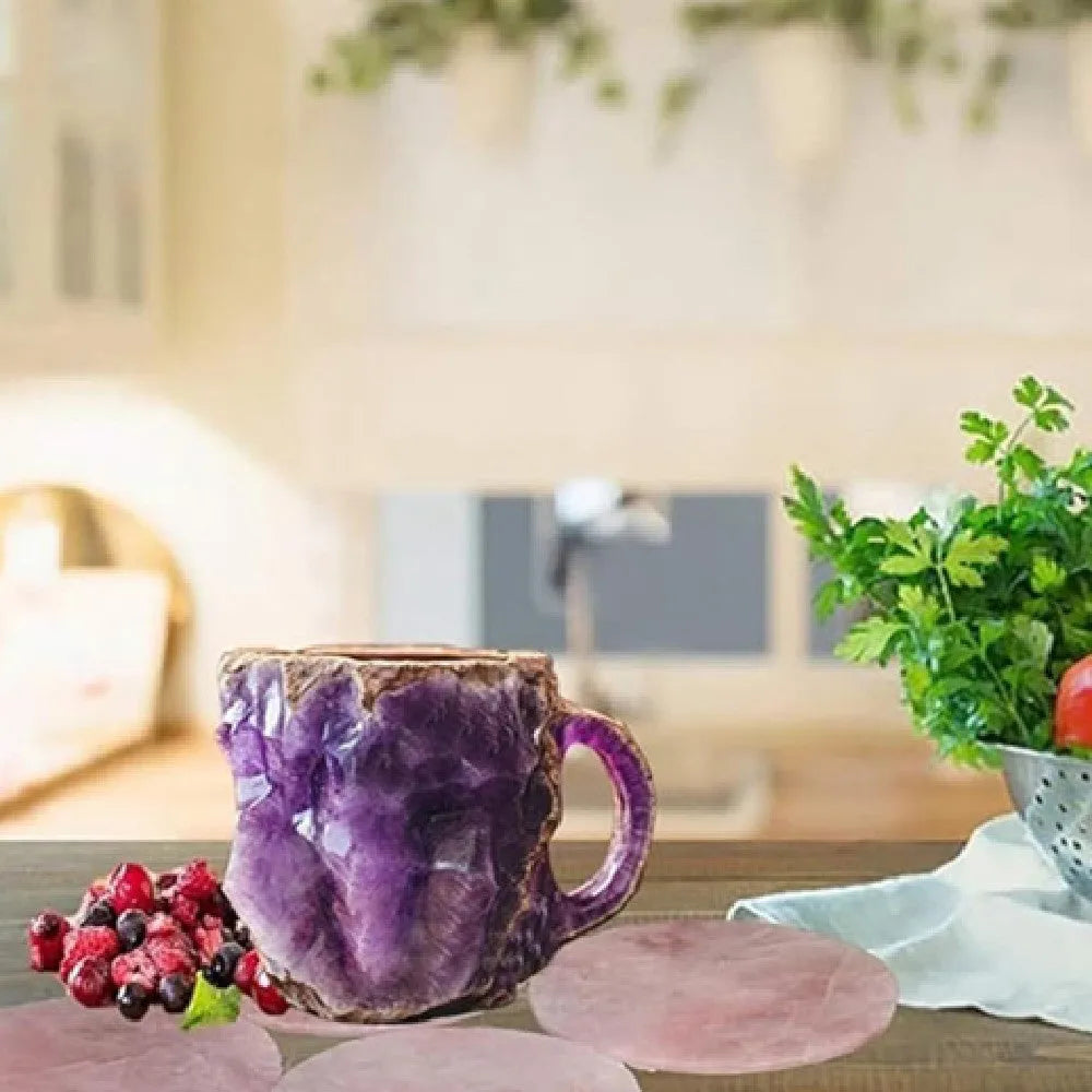 Resin mineral crystal coffee mug with 400ml capacity and 3D crystal structure in purple colour