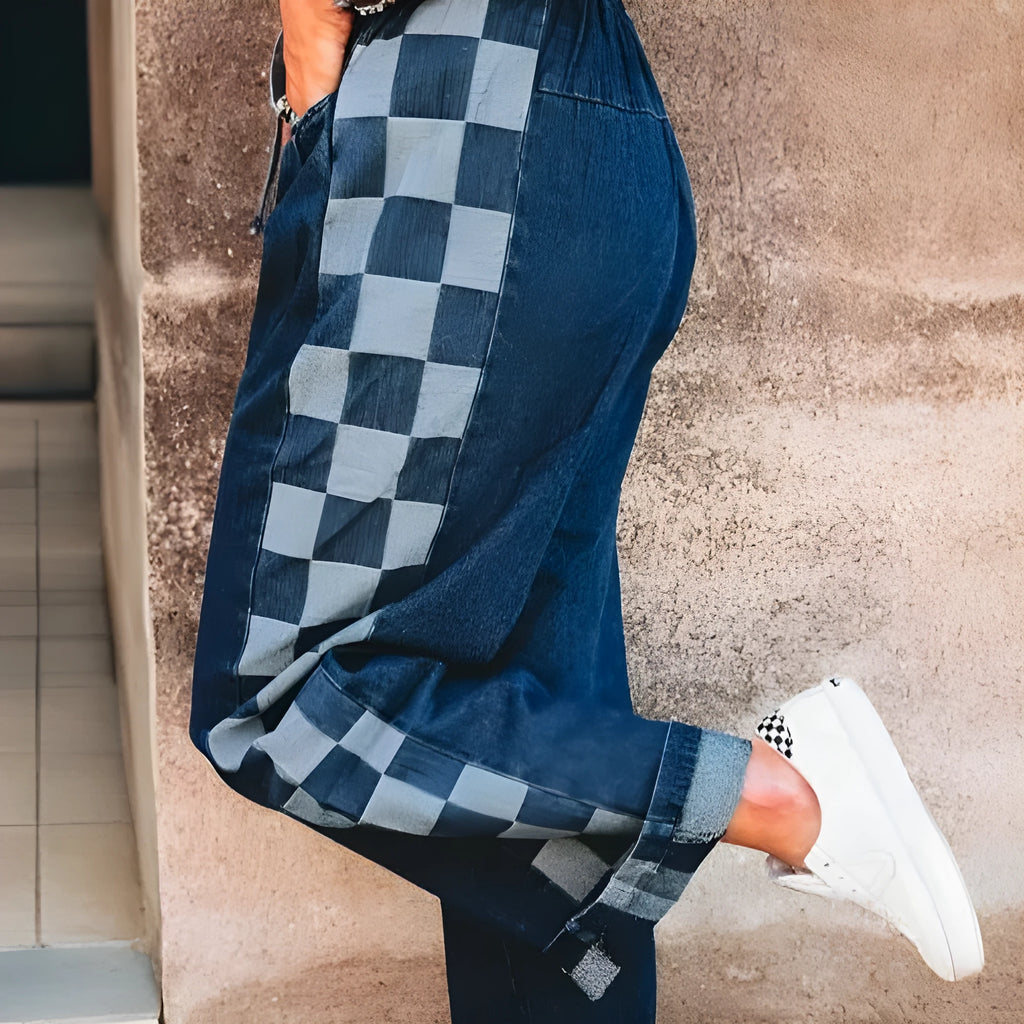 Sail blue loose jeans with checkered side panels and drawstring waist, cotton blend, Asian sizes 4-16.