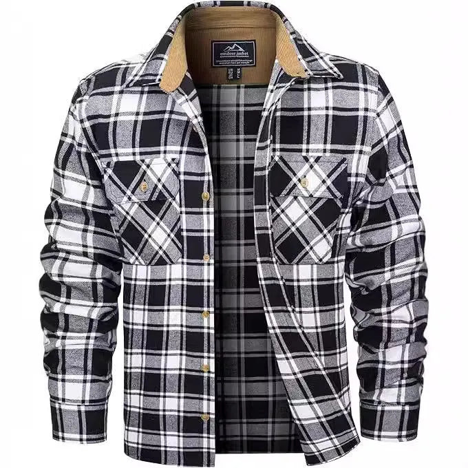 Men's button-down flannel shirt in a plaid pattern, shown on a hanger.