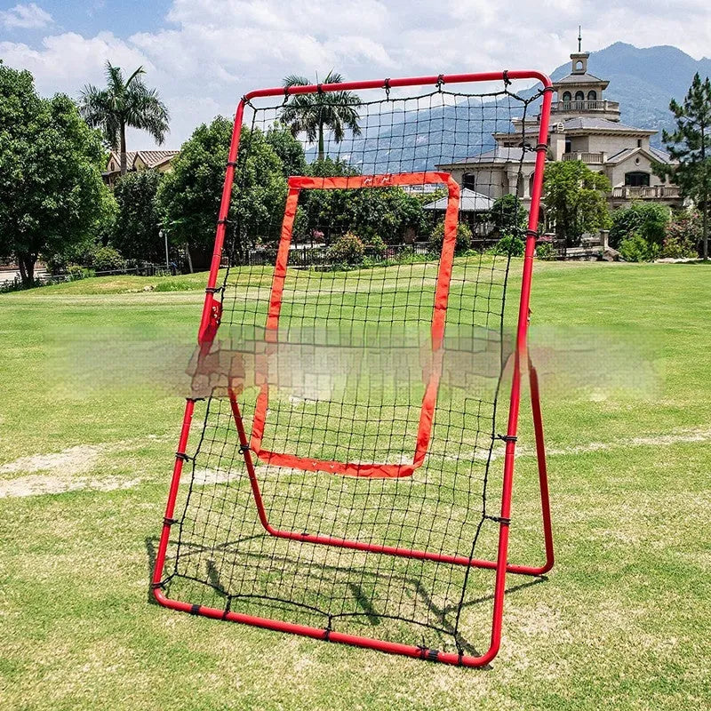 Red adjustable portable baseball training net with metal frame for 4x6 foot batting practice