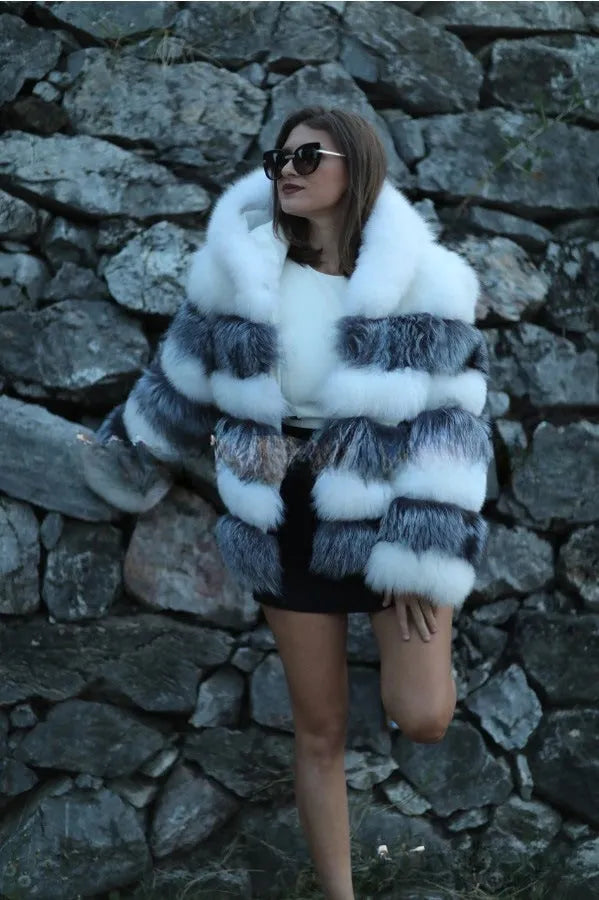 Women's artificial fur hooded coat in street fashion style, 65cm length, available in white silver fox and brown colours