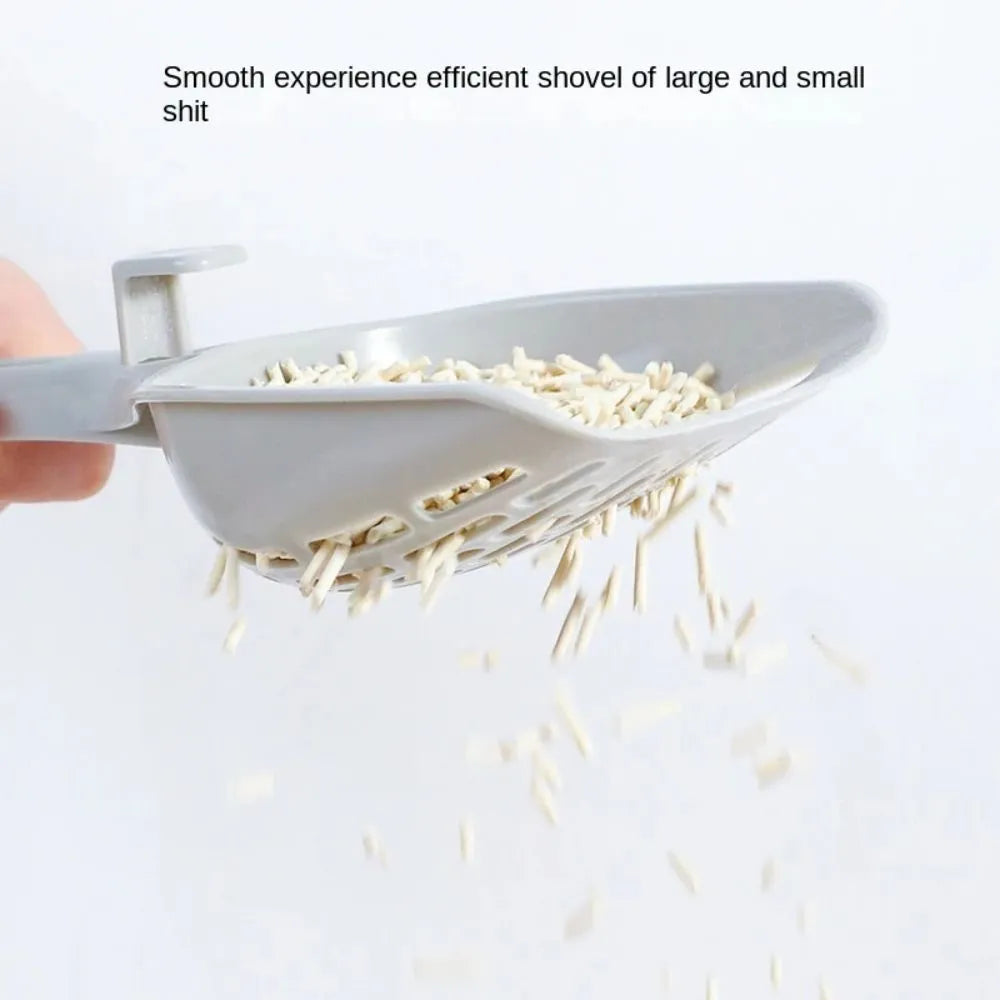 Gray plastic cat litter scoop with integrated base, showing 5mm sieve spacing and 30cm handle length