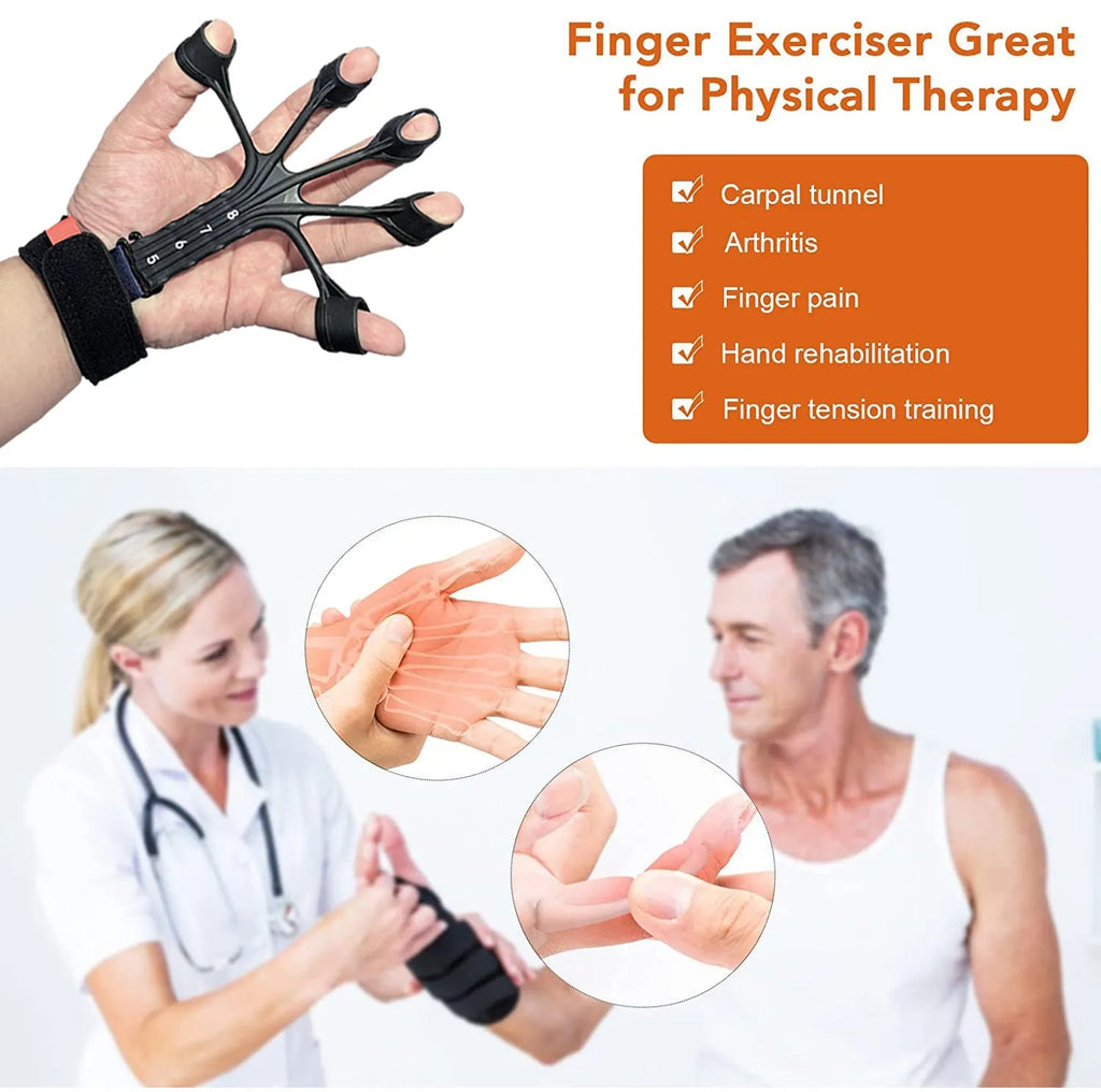 Black silicone finger trainer with adjusting belt for rehabilitation exercises