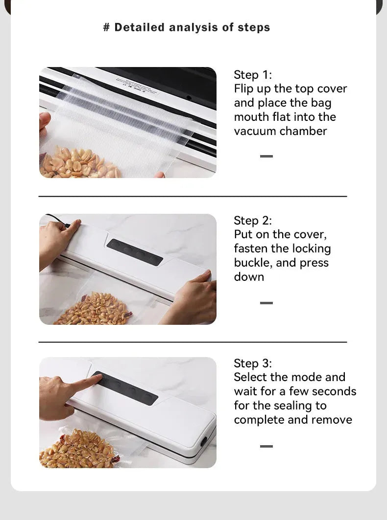 White automatic vacuum sealer machine with compact design for kitchen food preservation