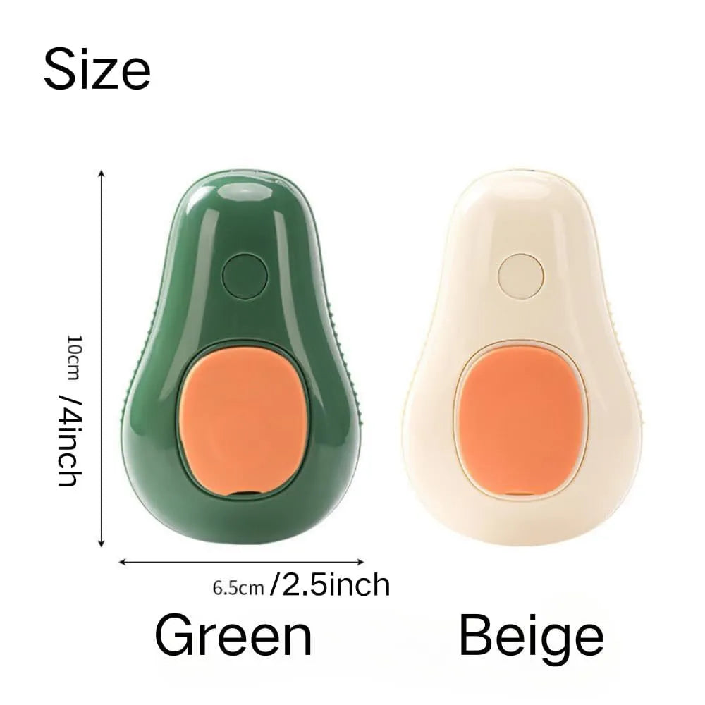 Green and white cat steam brush with water spray function, measuring 11cm by 7.5cm by 5.5cm