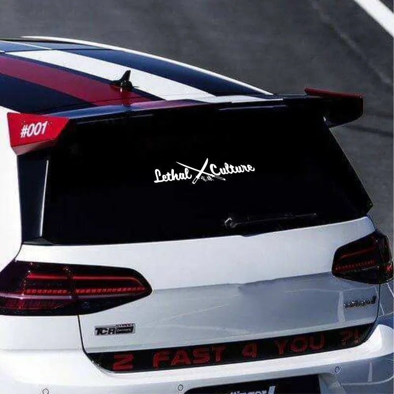 Yellow and silvery white car rear windshield family stickers showing custom text, in 58cm and 30cm sizes.