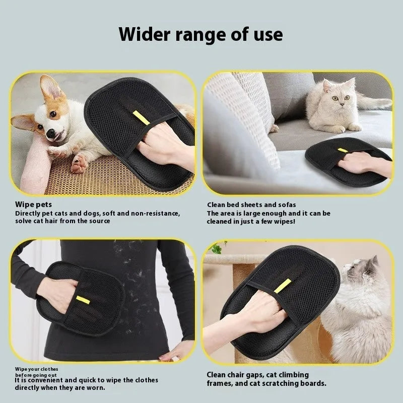 Black pet hair remover glove with soft silicone bristles on a hand, showing the dual-sided design.