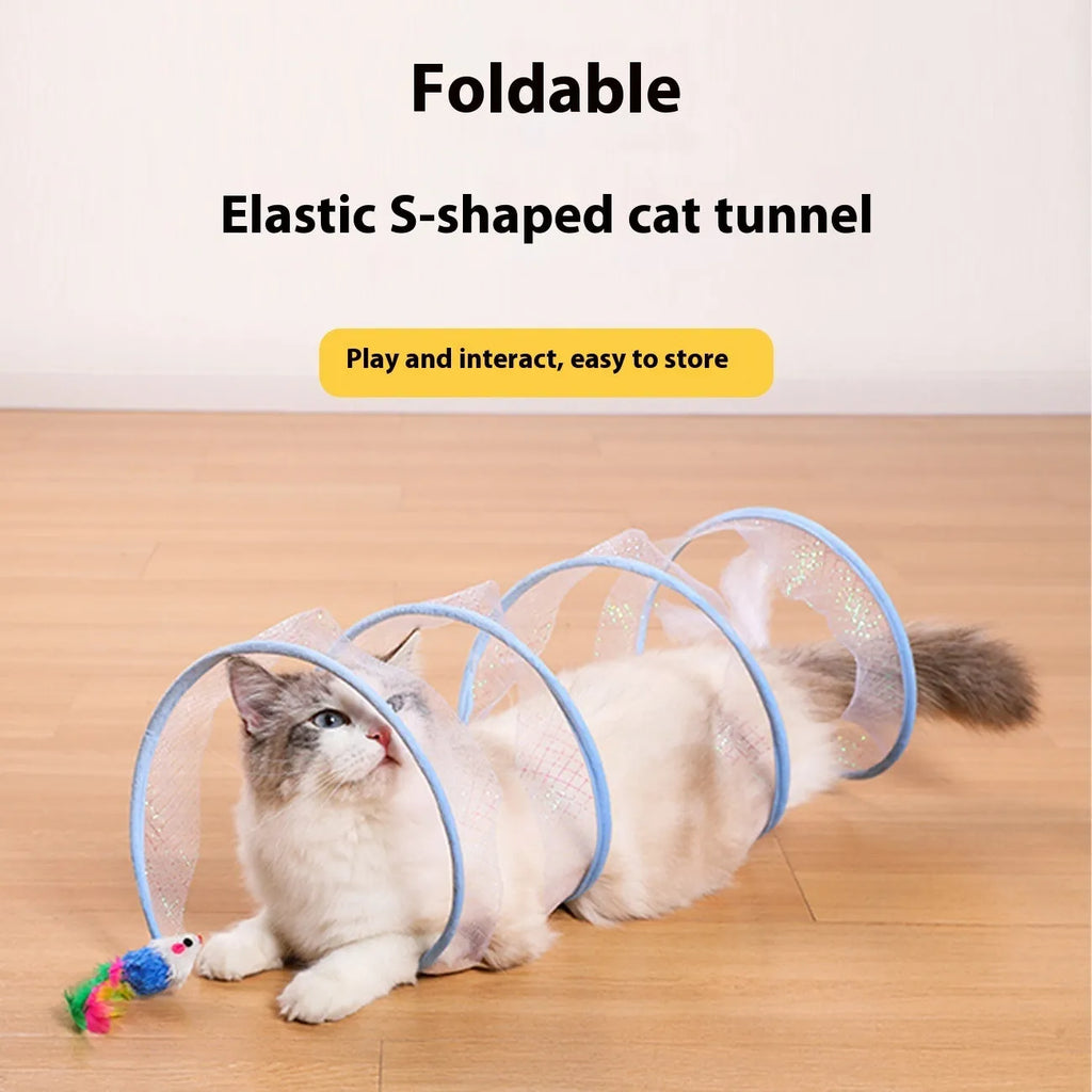 S-type cat tunnel toy with steel wire frame and elastic net fabric featuring feather stimulation elements