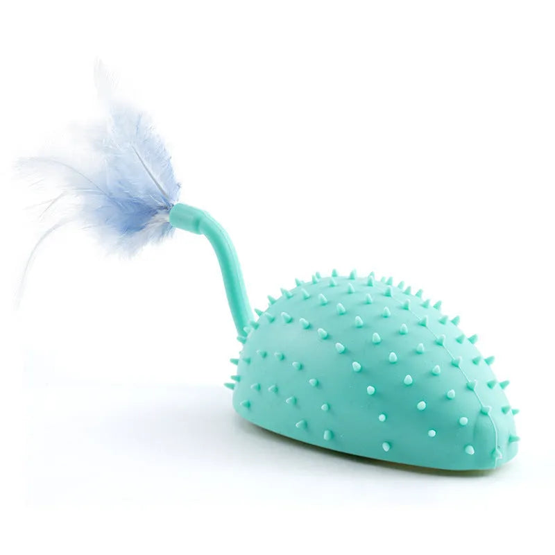 Remote control silicone mouse cat toy with feather attachment in cyan colour
