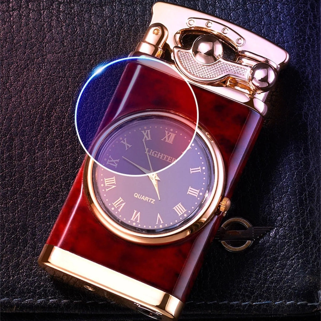 Zinc alloy watch-style lighter with a dial, showing adjustable blue flame ignition.