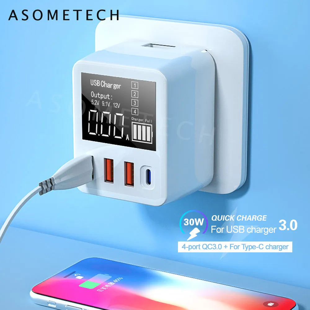 White 4-port travel fast charger with QC3.0 and Type-C ports measuring 80x48x65mm