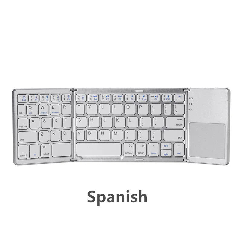 Ultra-thin tri-fold folding touch keyboard in black or silvery white, showing folded and unfolded sizes with touchpad