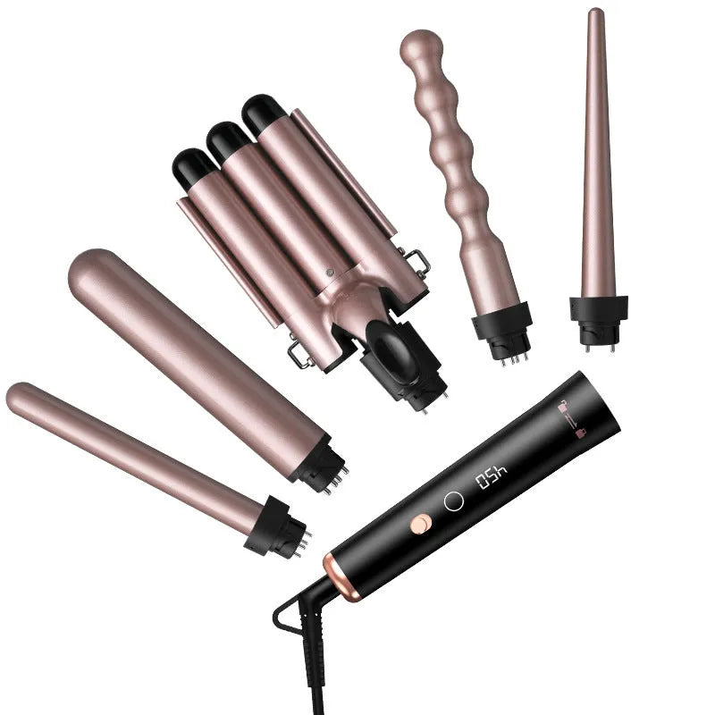 Rose gold five-in-one hair curler with LCD screen and multiple interchangeable curling tubes