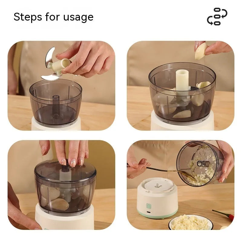 Mini meat grinder with white or light green housing, stainless steel blades, and transparent 225ml cup on anti-slip pad