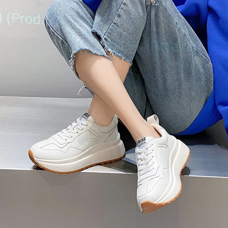 Women's beige cattlehide leather casual sports shoes with cross-strap and 3cm English muffin heel