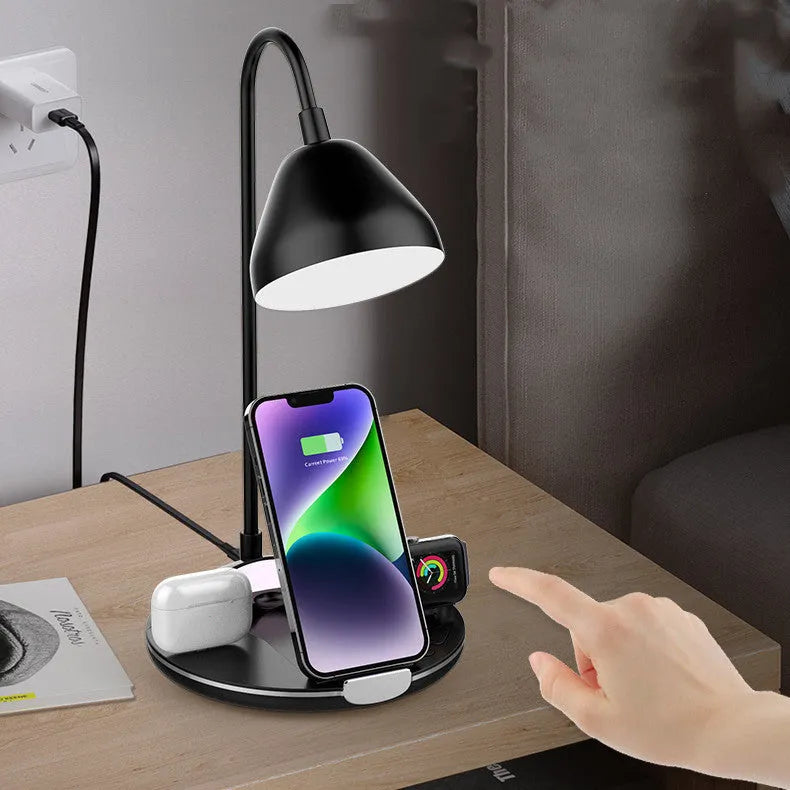 Black and white magnetic folding wireless charger shown open for charging and folded for storage.
