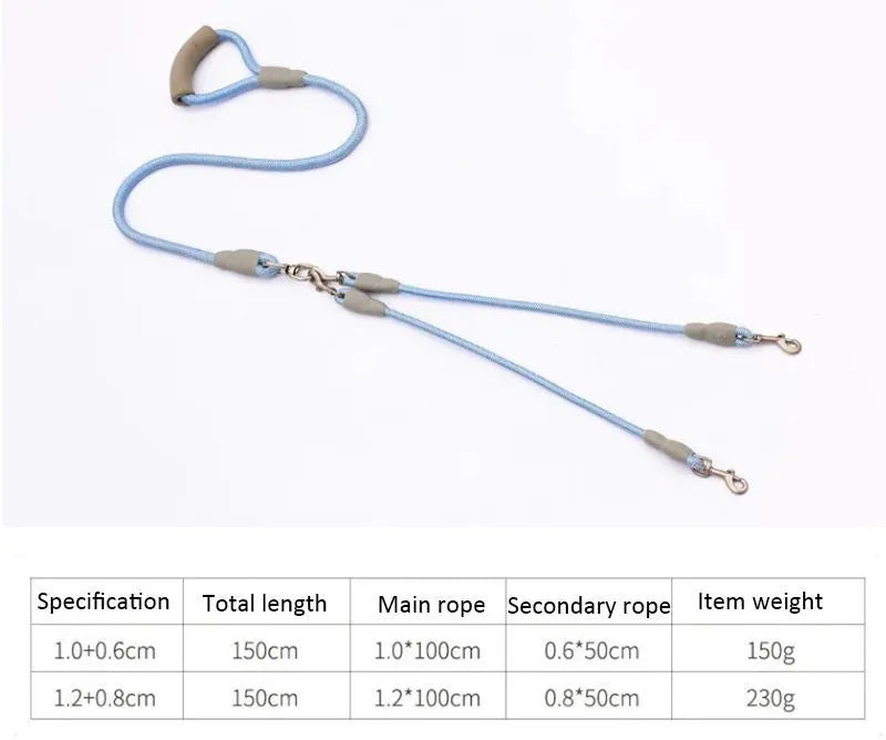 Double-headed dog leash for two small medium dogs with foam handle and metal buckles in multiple colour options
