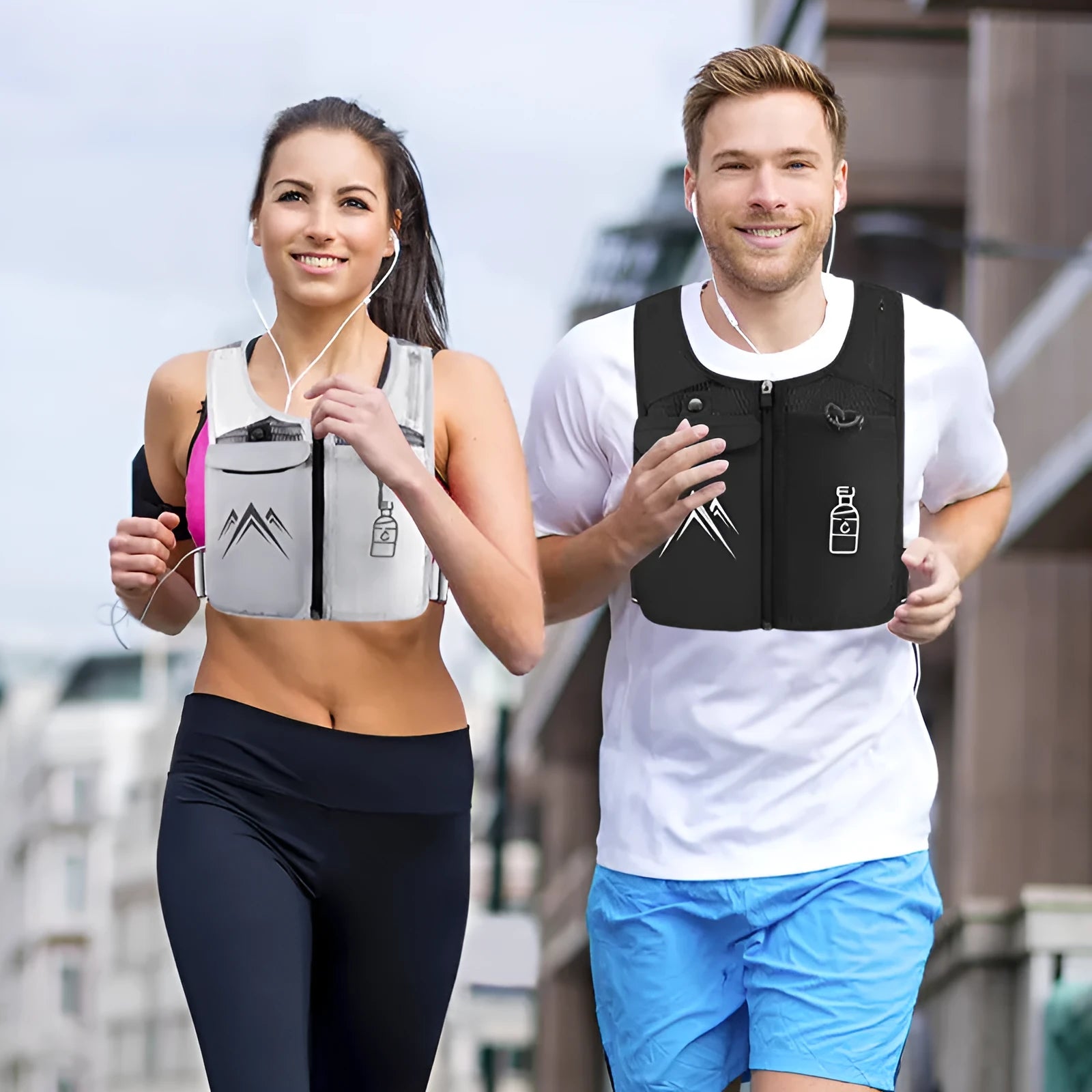 Black breathable mesh sports running vest with a front phone pocket, shown flat with dimensions