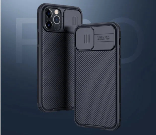 Nillkin Black Mirror Pro iPhone 12 case in black showing the sliding camera cover closed.