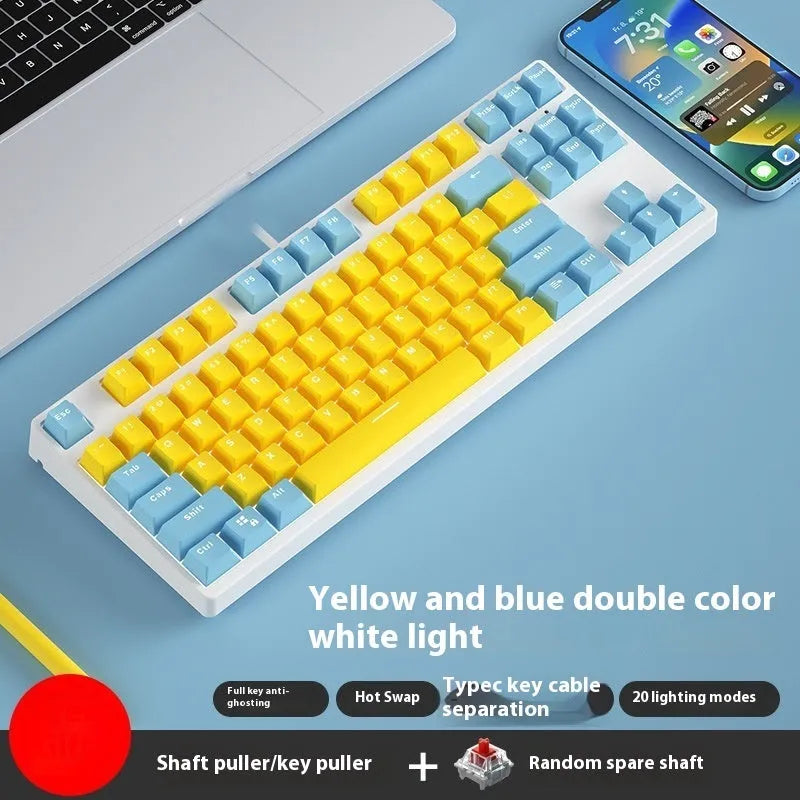 87-key wired mechanical keyboard with two-tone keycaps and metal frame, showing compact design and included tools
