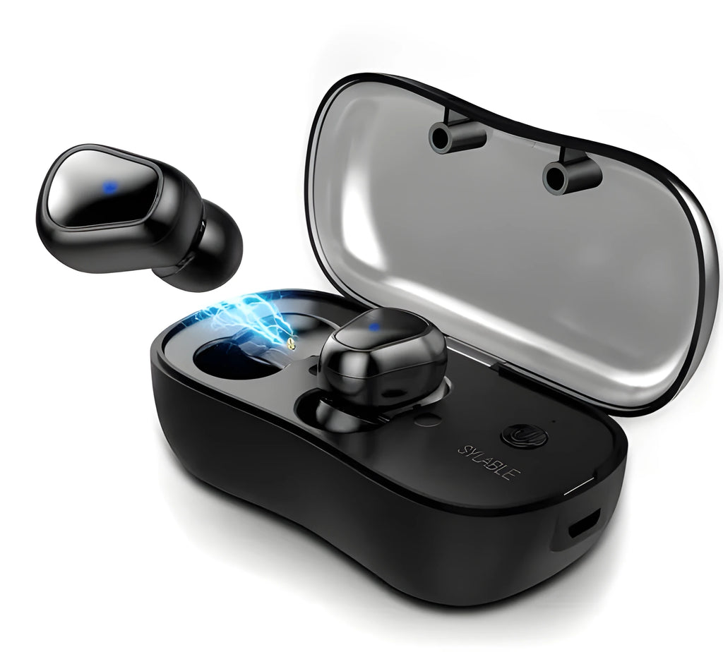 Black wireless TWS in-ear sports headphones with a compact rectangular charging case on a white background.