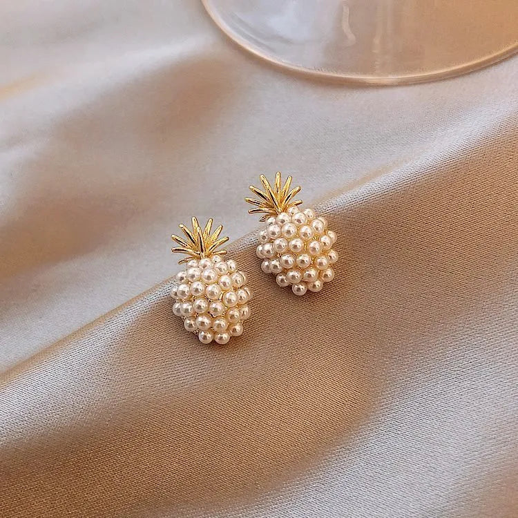 Korean style pineapple starfish pearl earrings in alloy with electroplated finish and stone inlay