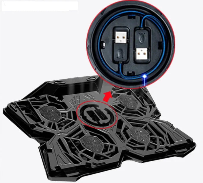 Blue computer cooling base with four LED fans and dual speed control switches showing two USB ports