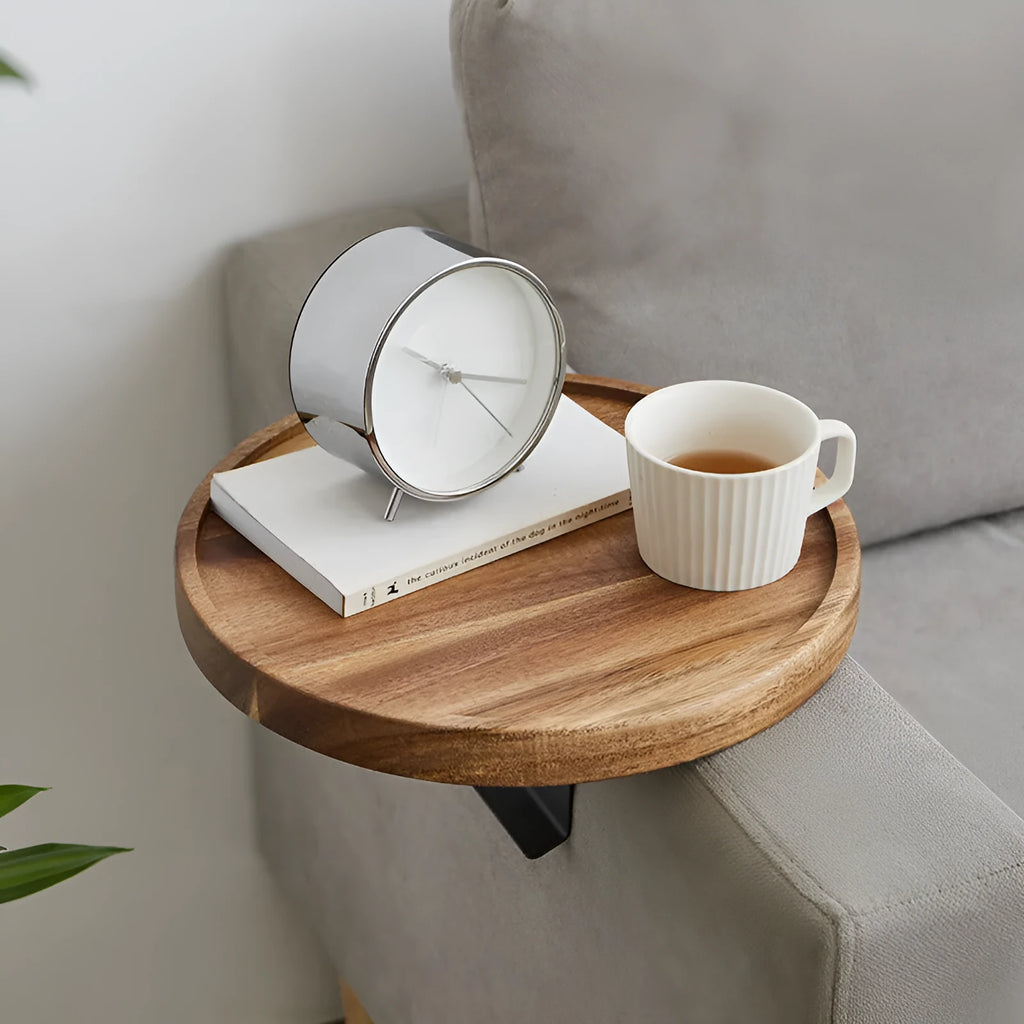Wooden sofa arm tea cup tray with removable bracket for drink and remote storage