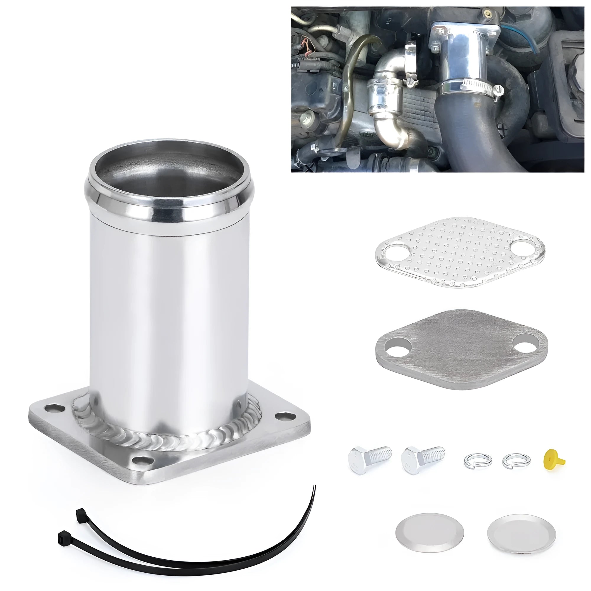 BMW E46 diesel EGR removal kit showing metal pipe, blanking plates, bolts, vacuum plug, and cable ties