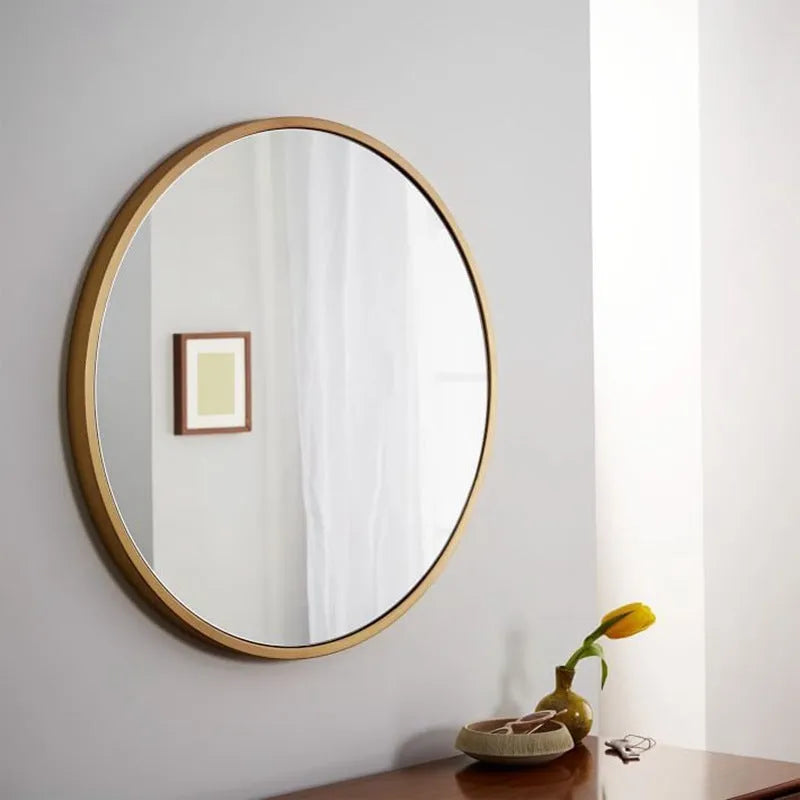 Round bathroom wall mirror with metal frame in black, gold or white colour options