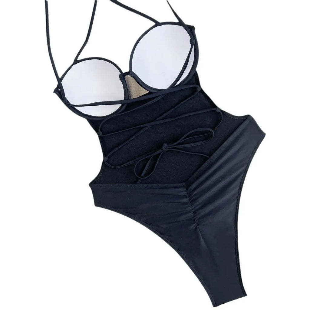 Black solid colour one-piece swimsuit for women with spandex fabric and Asian size guidance
