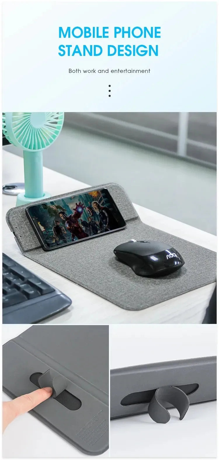 Foldable cloth wireless phone charger showing charging distance and compact folded size