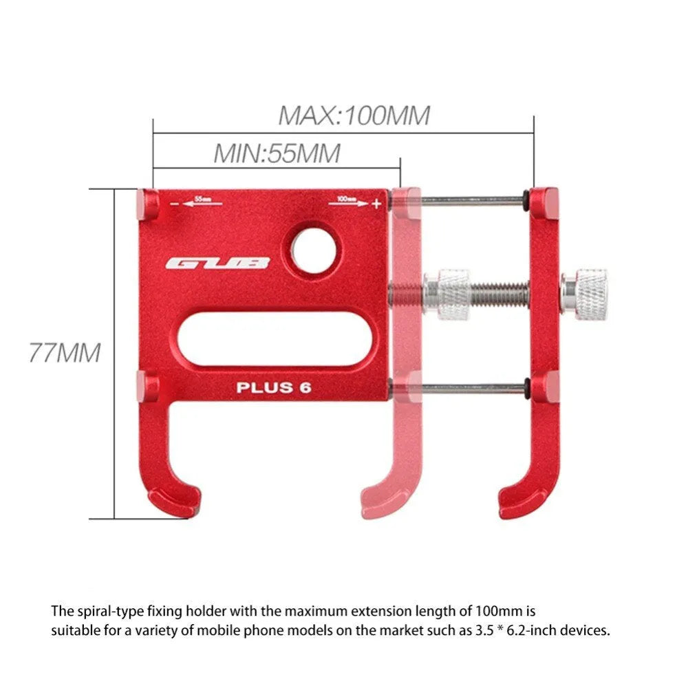 Black aluminium alloy GUB motorcycle phone holder mounted on bicycle handlebars, showing phone clamp.