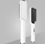 Gold professional electric hair straightener brush with ceramic heating plates and multiple heat settings.